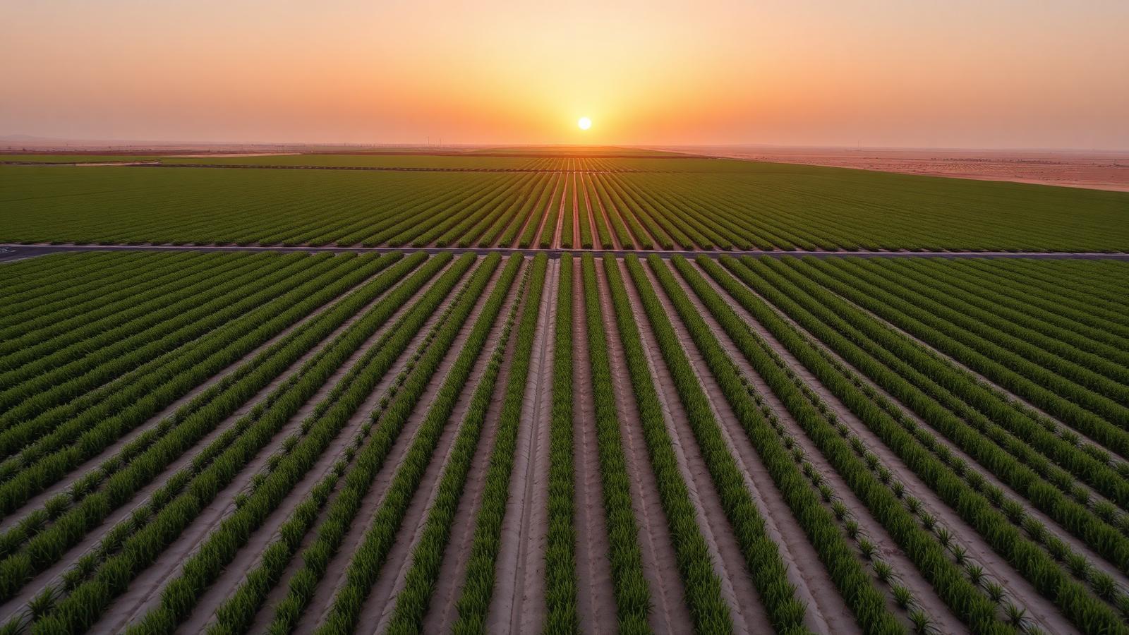 Geometric rows of irrigated crops in an Egyptian growing region at golden hour